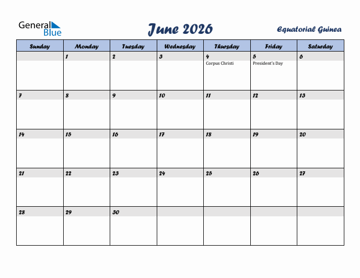 June 2026 Calendar with Holidays in Equatorial Guinea