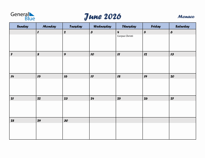 June 2026 Calendar with Holidays in Monaco