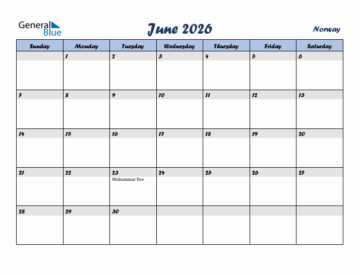 June 2026 Calendar with Holidays in Norway