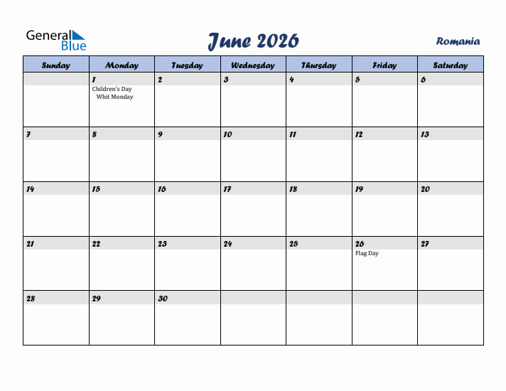 June 2026 Calendar with Holidays in Romania