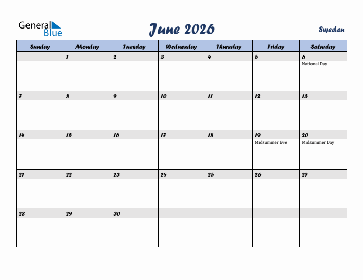 June 2026 Calendar with Holidays in Sweden