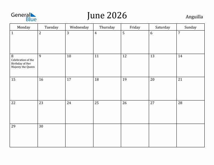 June 2026 Calendar Anguilla