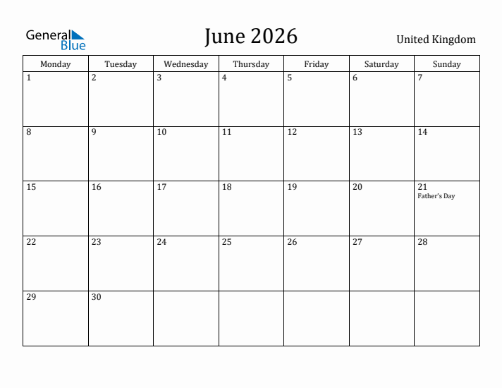 June 2026 Calendar United Kingdom