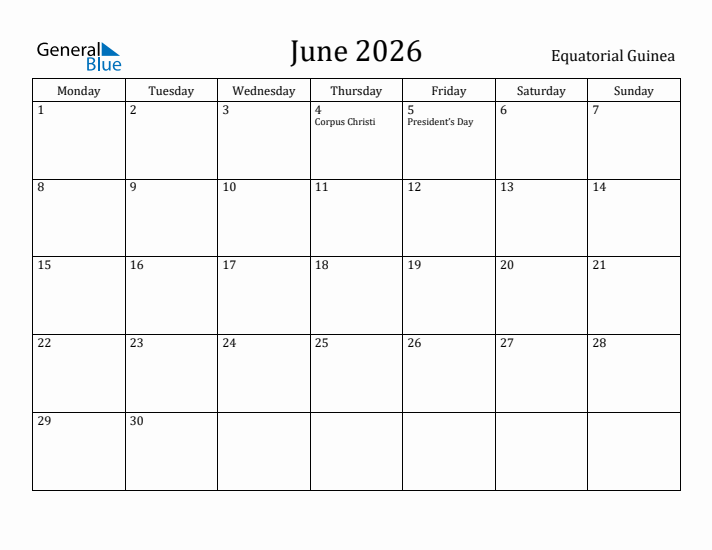 June 2026 Calendar Equatorial Guinea