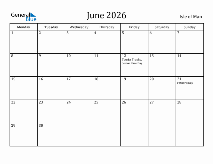 June 2026 Calendar Isle of Man