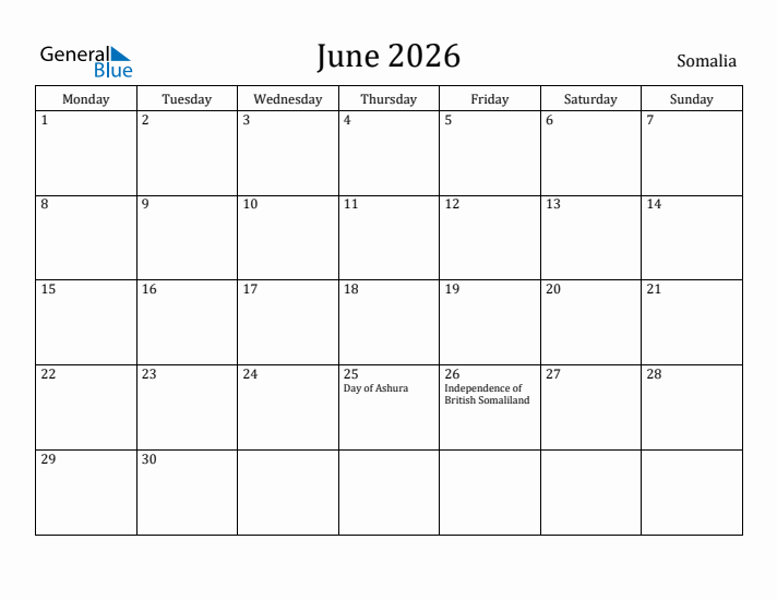 June 2026 Calendar Somalia