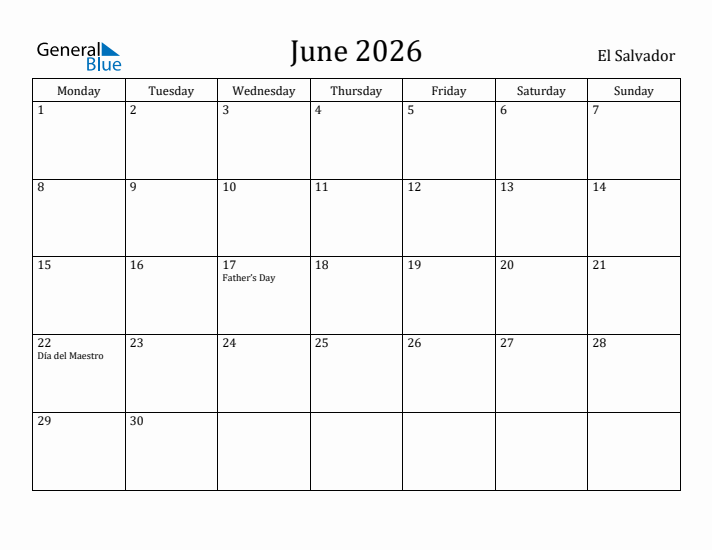 June 2026 Calendar El Salvador