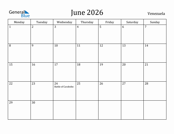 June 2026 Calendar Venezuela