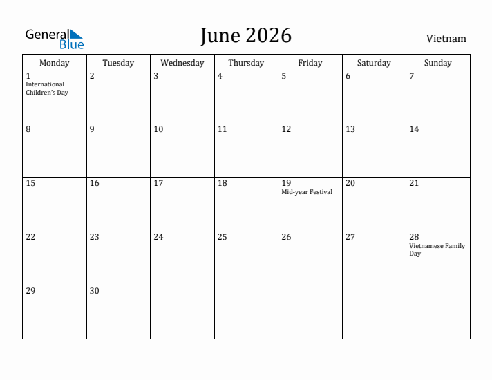 June 2026 Calendar Vietnam