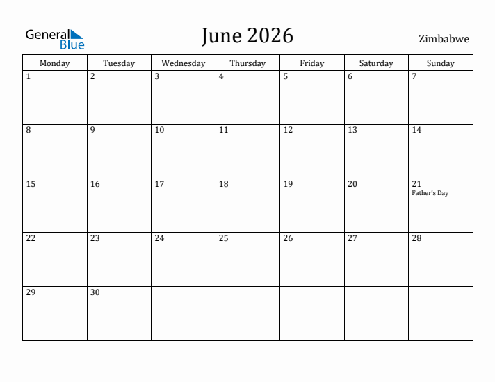 June 2026 Calendar Zimbabwe