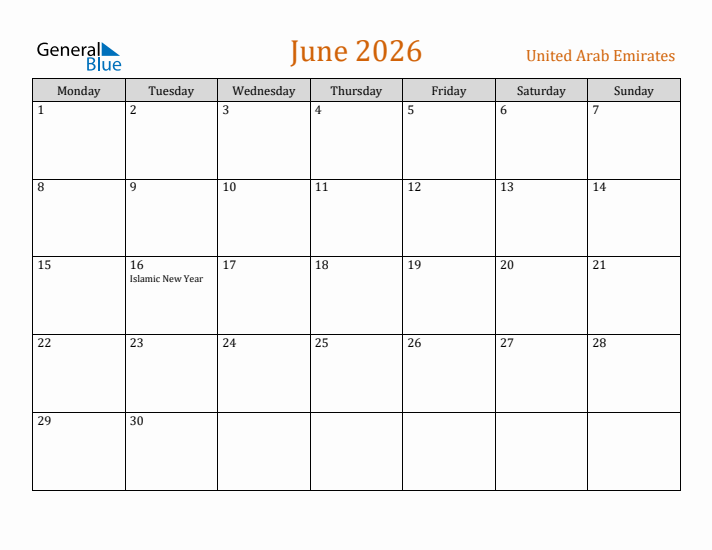 June 2026 Holiday Calendar with Monday Start