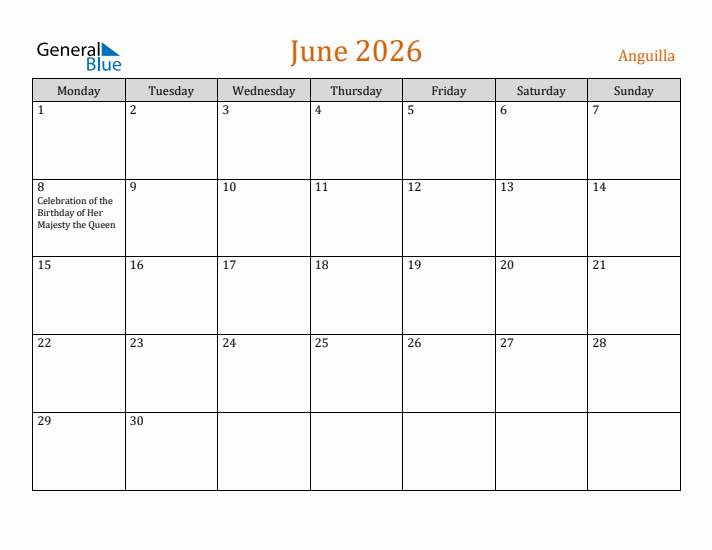 June 2026 Holiday Calendar with Monday Start