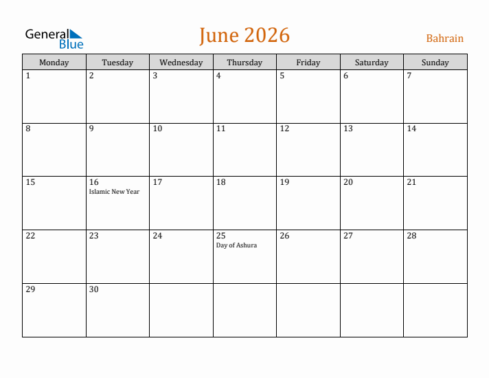 June 2026 Holiday Calendar with Monday Start