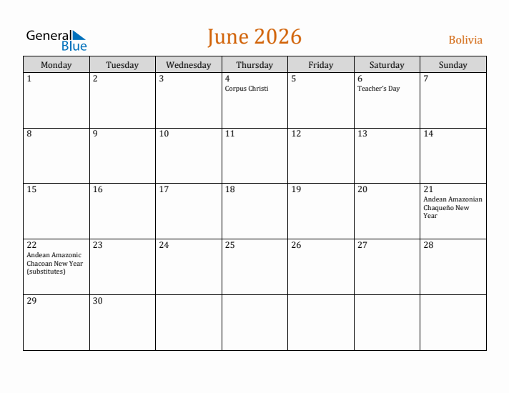 June 2026 Holiday Calendar with Monday Start