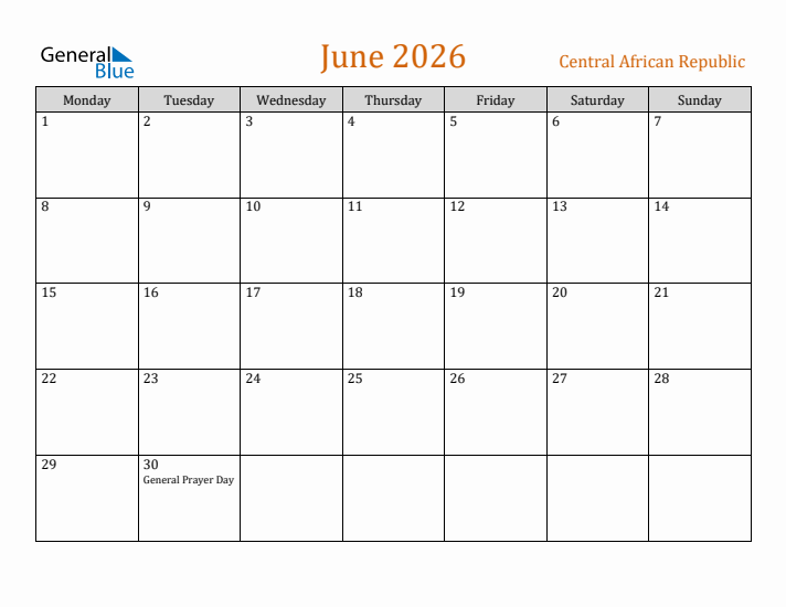 June 2026 Holiday Calendar with Monday Start