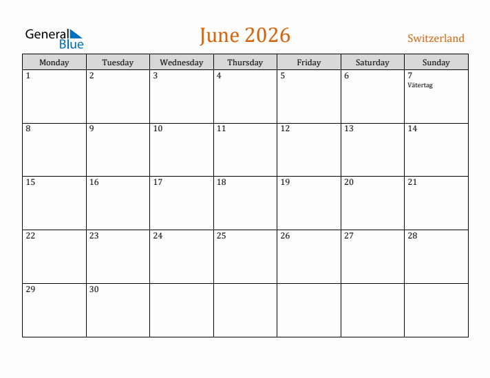 June 2026 Holiday Calendar with Monday Start