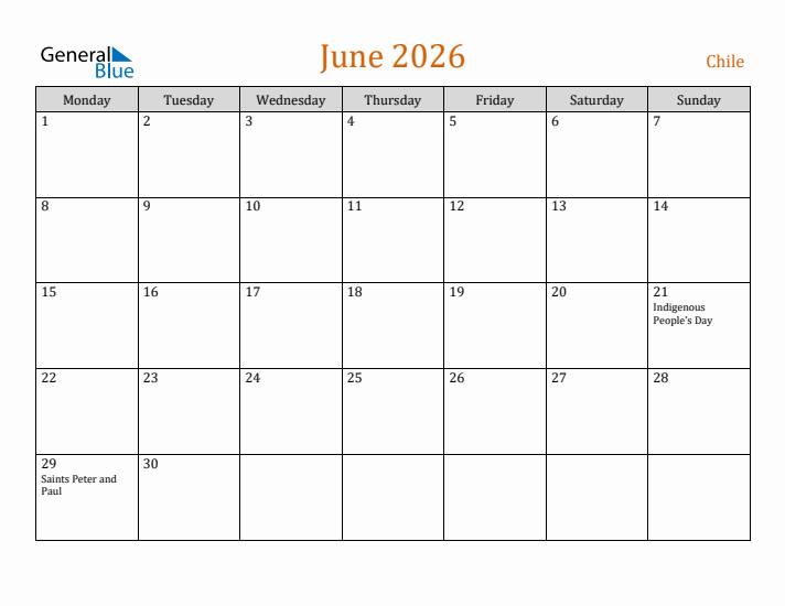 June 2026 Holiday Calendar with Monday Start