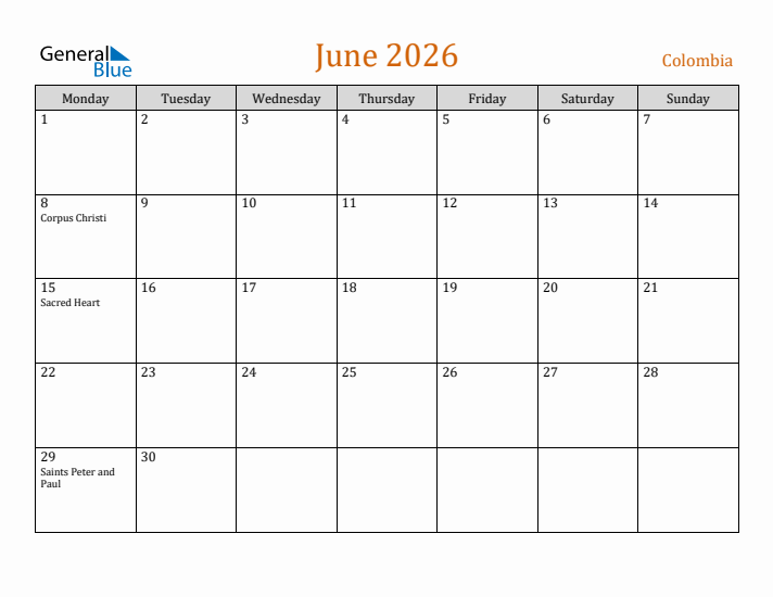 June 2026 Holiday Calendar with Monday Start