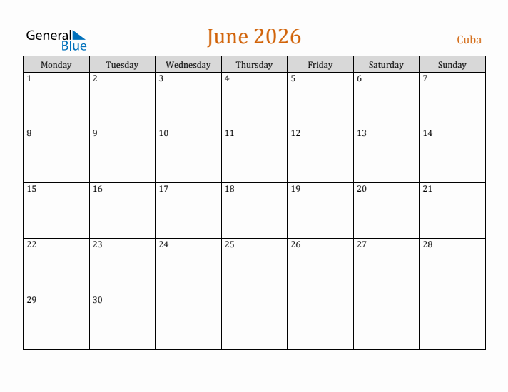 June 2026 Holiday Calendar with Monday Start