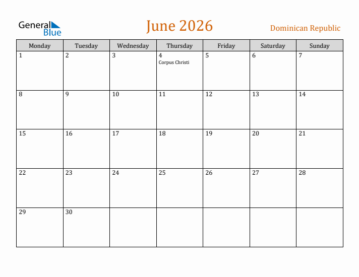 June 2026 Holiday Calendar with Monday Start