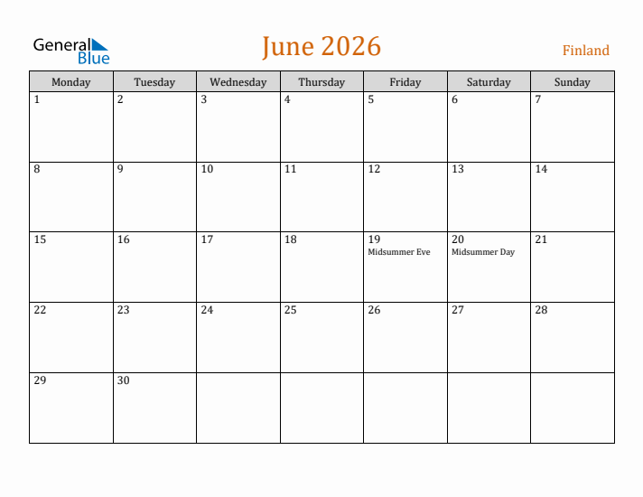 June 2026 Holiday Calendar with Monday Start