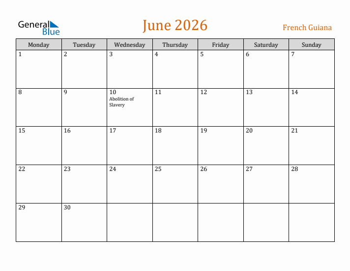 June 2026 Holiday Calendar with Monday Start