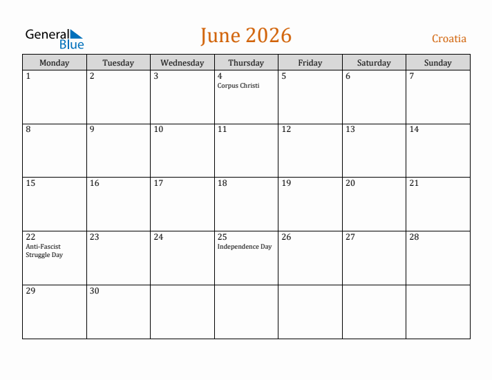 June 2026 Holiday Calendar with Monday Start