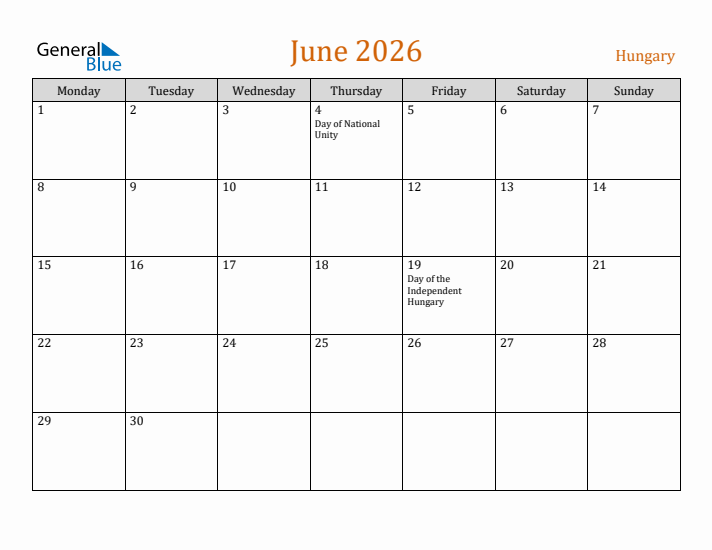 June 2026 Holiday Calendar with Monday Start