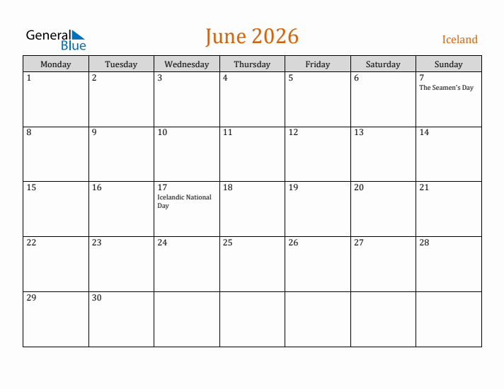 June 2026 Holiday Calendar with Monday Start