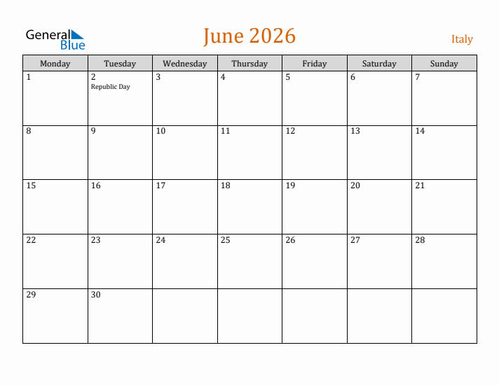 June 2026 Holiday Calendar with Monday Start