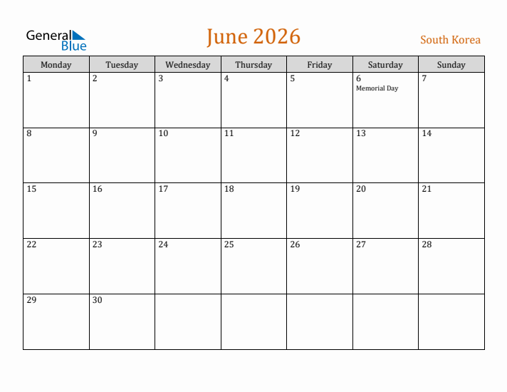 June 2026 Holiday Calendar with Monday Start