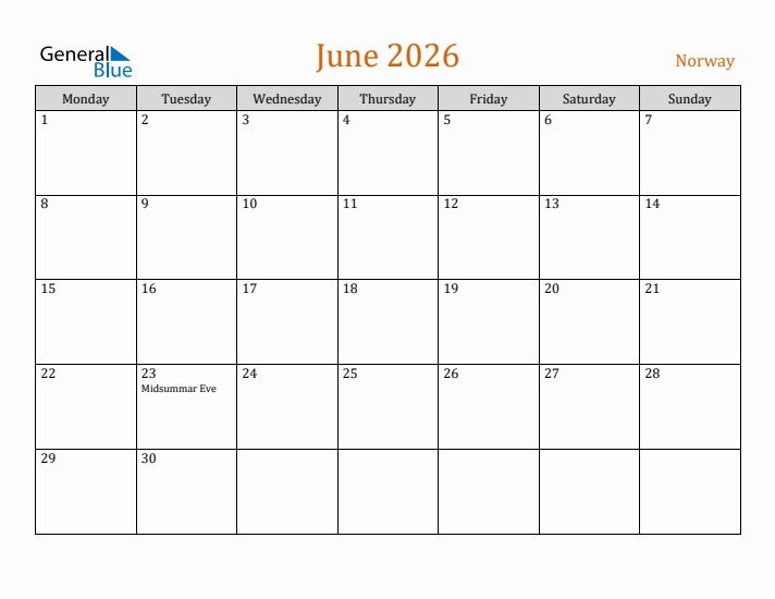 June 2026 Holiday Calendar with Monday Start