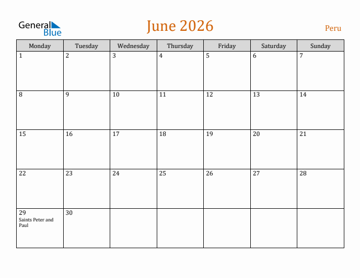 June 2026 Holiday Calendar with Monday Start