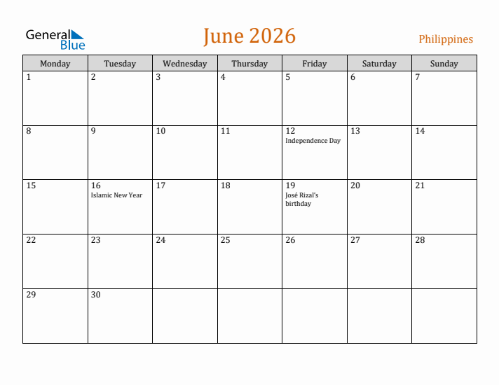 June 2026 Holiday Calendar with Monday Start