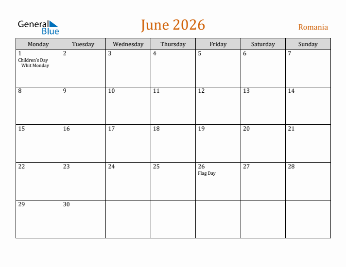 June 2026 Holiday Calendar with Monday Start