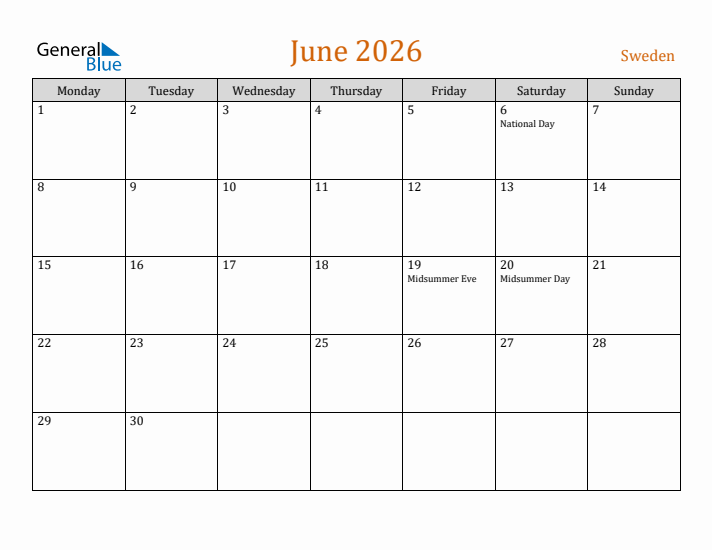 June 2026 Holiday Calendar with Monday Start