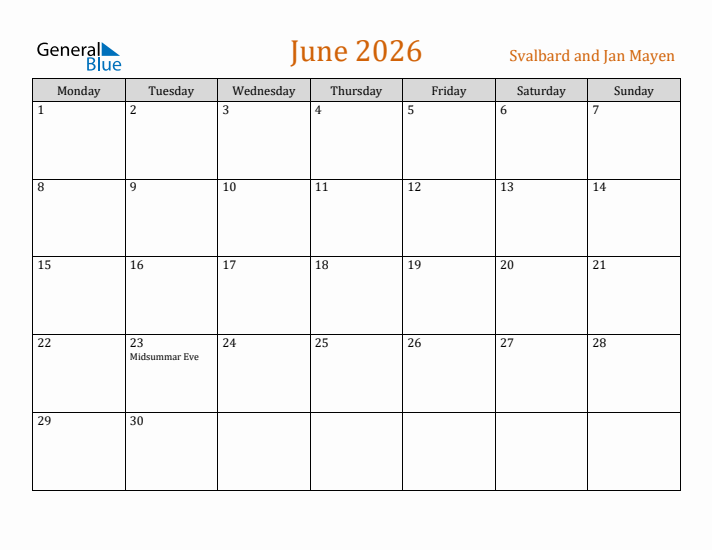 June 2026 Holiday Calendar with Monday Start