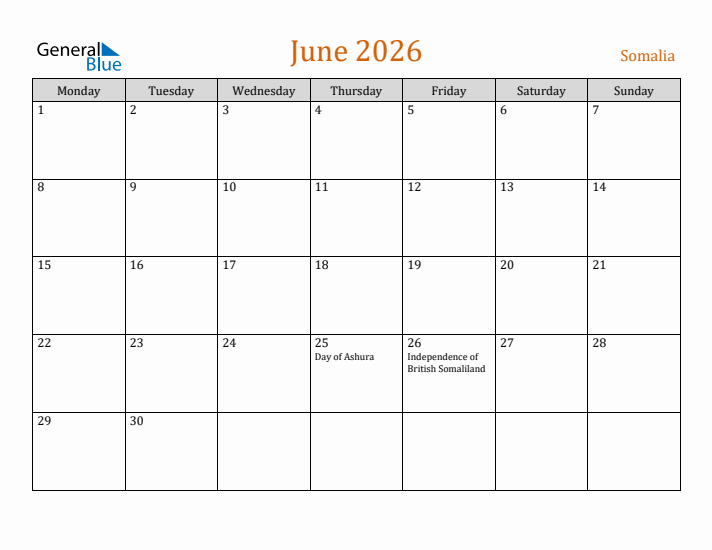 June 2026 Holiday Calendar with Monday Start