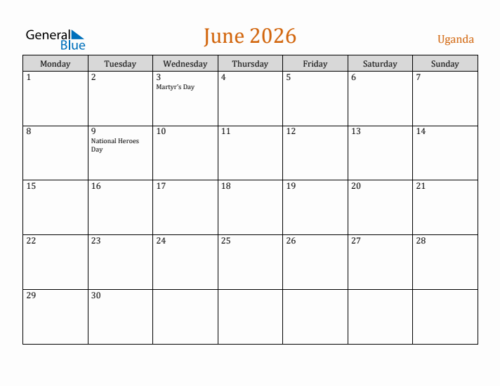 June 2026 Holiday Calendar with Monday Start