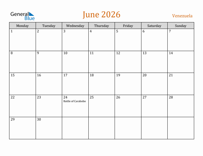 June 2026 Holiday Calendar with Monday Start