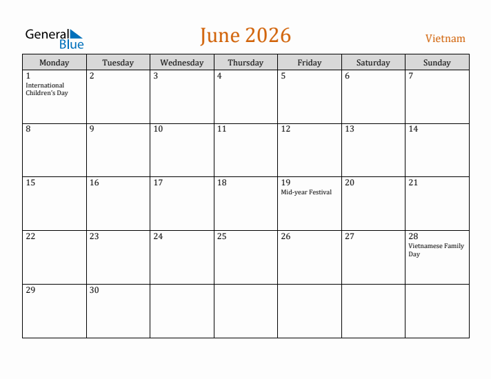 June 2026 Holiday Calendar with Monday Start