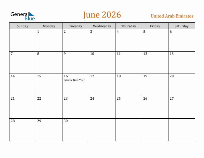 June 2026 Holiday Calendar with Sunday Start