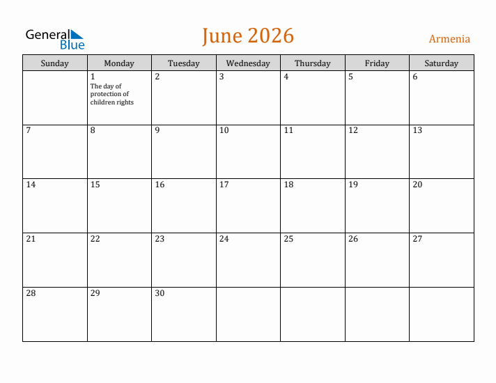 June 2026 Holiday Calendar with Sunday Start