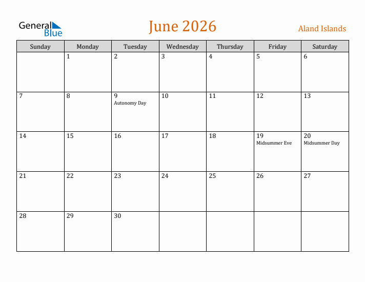 June 2026 Holiday Calendar with Sunday Start