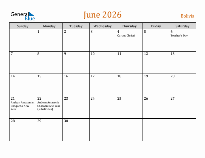 June 2026 Holiday Calendar with Sunday Start