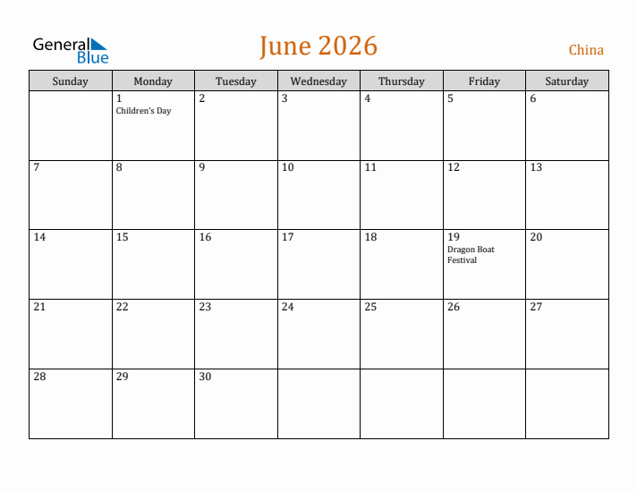 June 2026 Holiday Calendar with Sunday Start