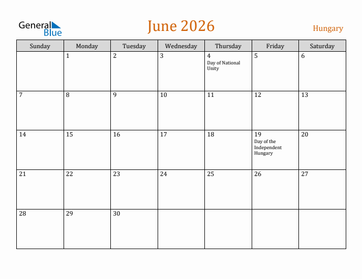 June 2026 Holiday Calendar with Sunday Start