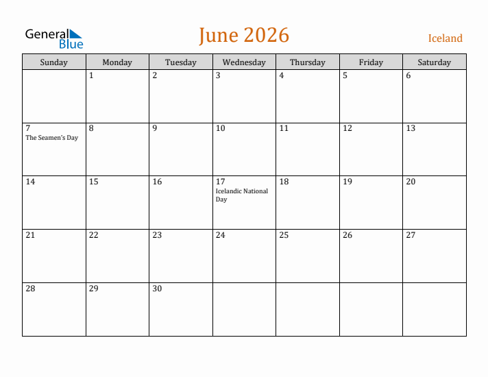 June 2026 Holiday Calendar with Sunday Start