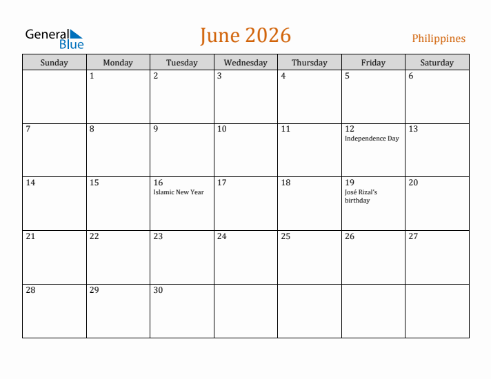 June 2026 Holiday Calendar with Sunday Start