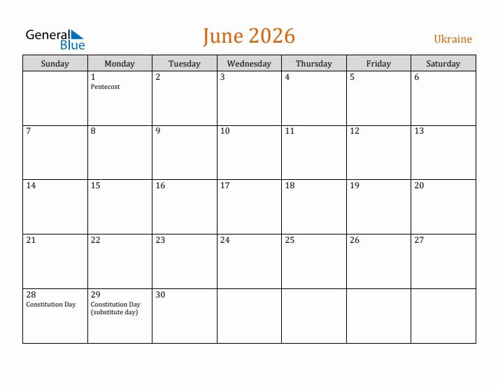 June 2026 Holiday Calendar with Sunday Start